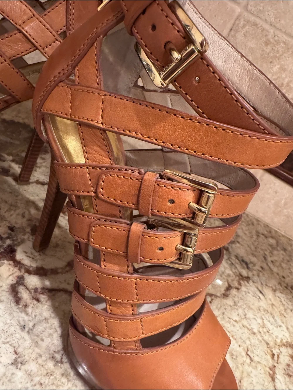 Michael Kors Leather Cognac Strappy Buckle High Heel 3”